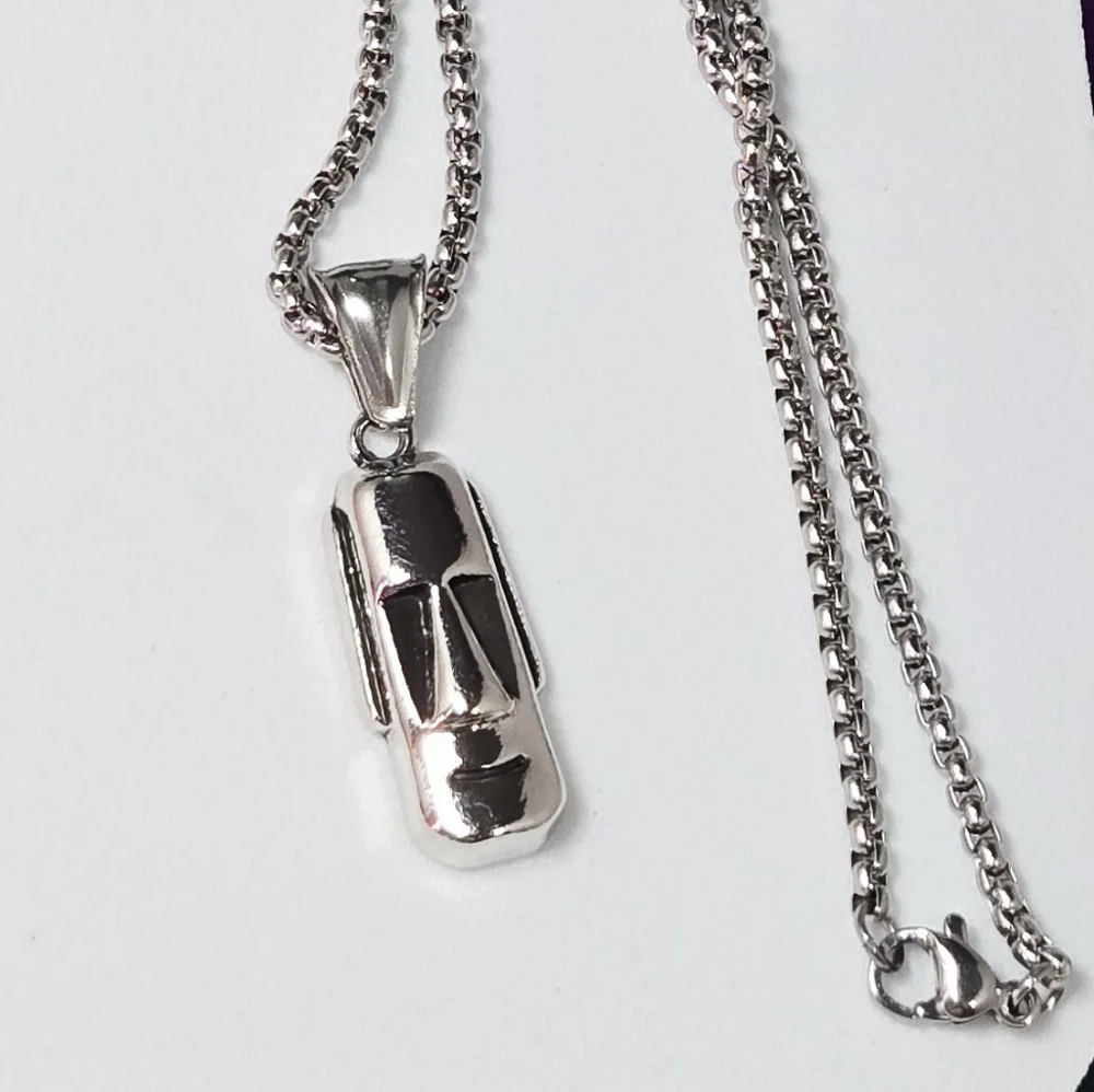 Moai Statue Pendant Necklace 316L Stainless Steel Antique Silver 24” Hawaii Vibe